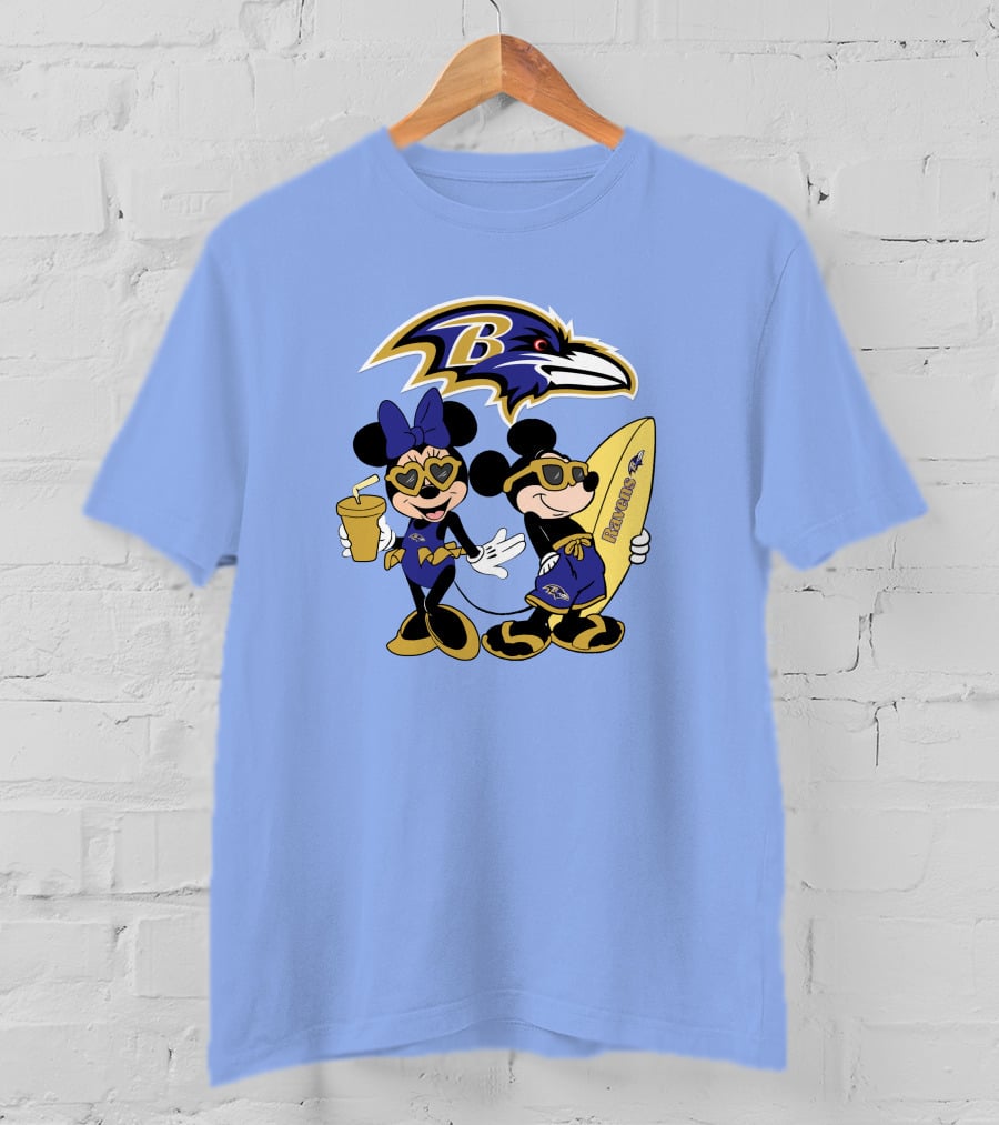 Ravens Mickey Minnie Vacation Surfing Football Fan Celebration T-Shirt