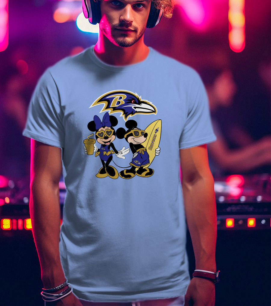 Ravens Mickey Minnie Vacation Surfing Football Fan Celebration T-Shirt