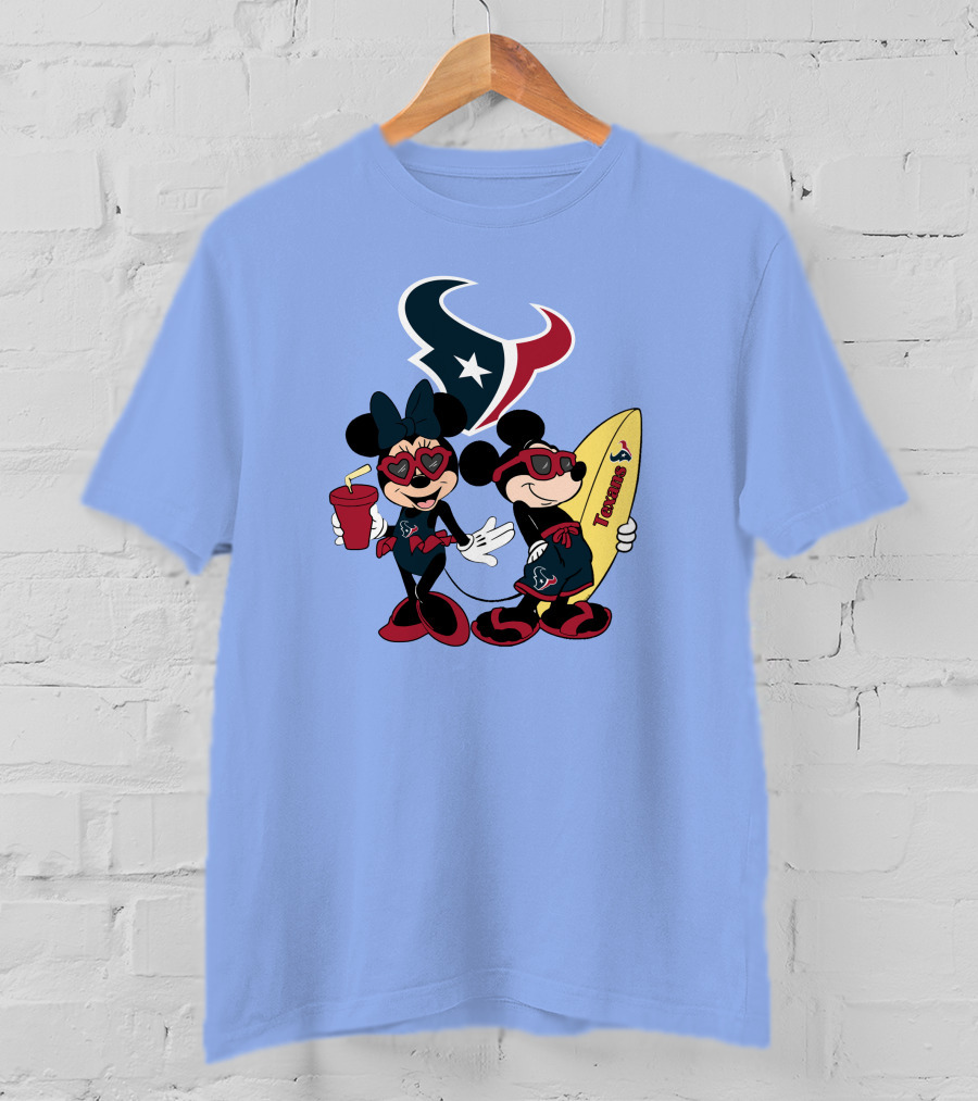 Texans Mickey And Minnie Happy Vacation Surfboard And Drink T-Shirt