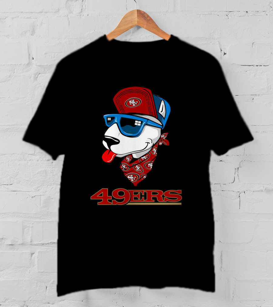 49ers Bull Terrier San Francisco Style Dog Wearing Logo Hat And Sunglasses T-Shirt