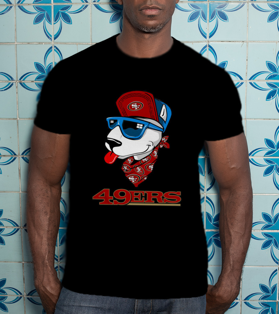 49ers Bull Terrier San Francisco Style Dog Wearing Logo Hat And Sunglasses T-Shirt