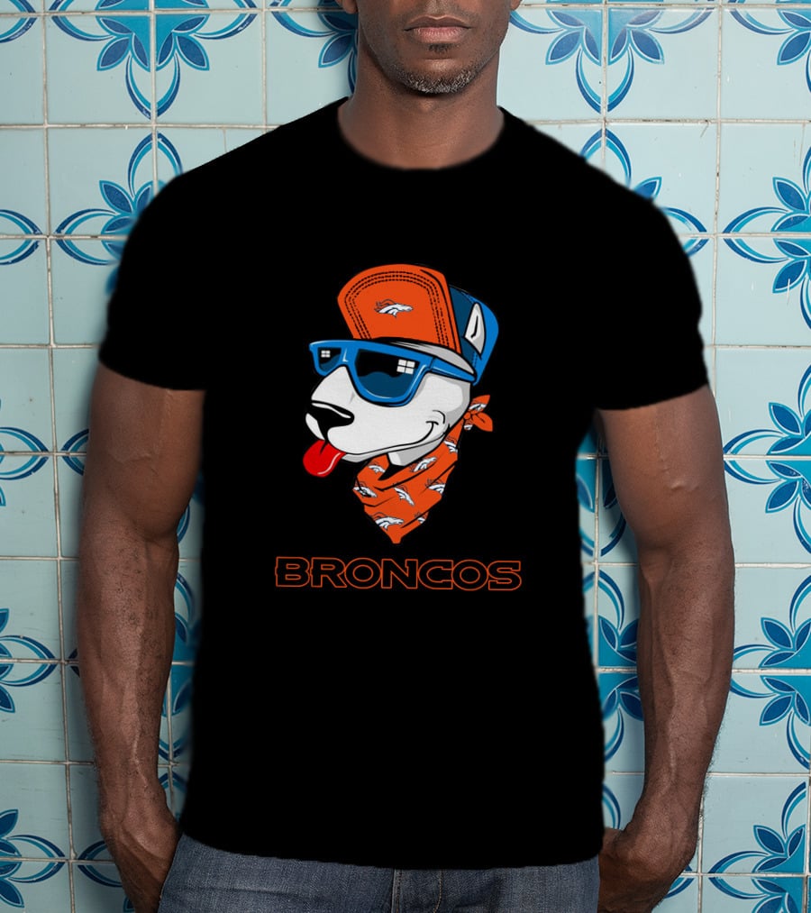 Broncos Bull Terrier With Hat Sunglasses And Bandana T-Shirt