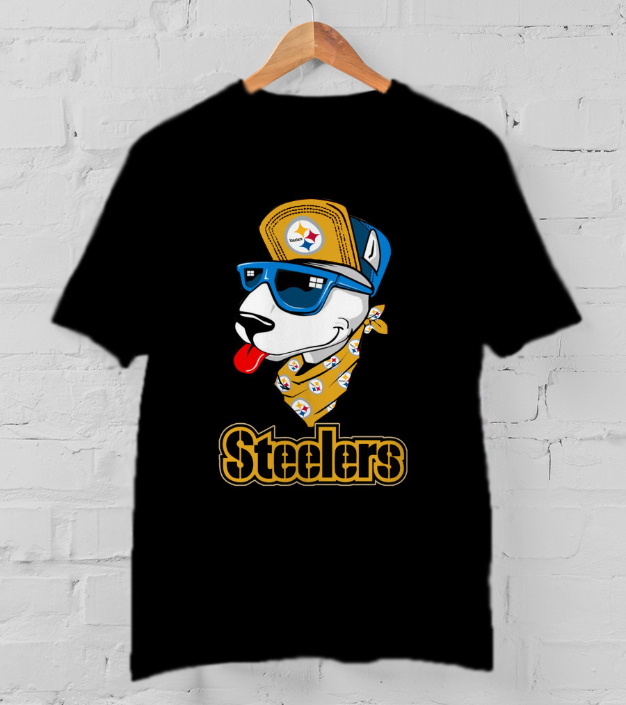 Steelers Bull Terrier Wearing Cap And Sunglasses With Logo Bandana T-Shirt