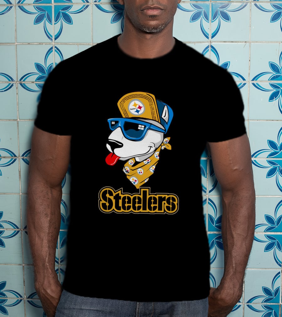 Steelers Bull Terrier Wearing Cap And Sunglasses With Logo Bandana T-Shirt