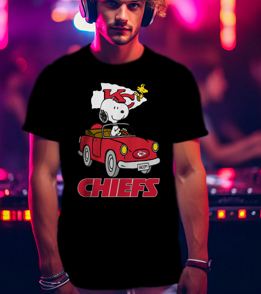 Chiefs Snoopy Driving With KC Flag T-Shirt
