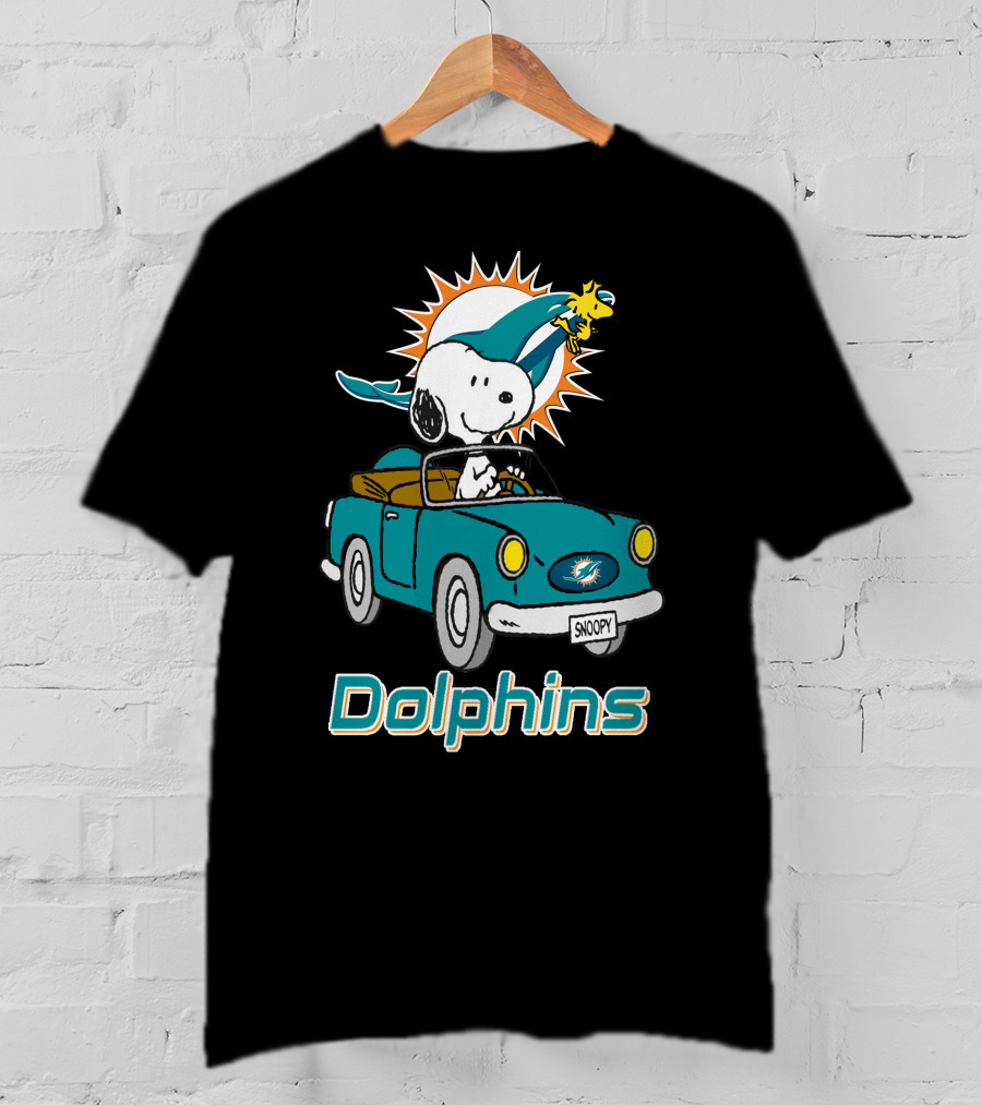 Miami Dolphins Snoopy Driving Car With Woodstock T-Shirt