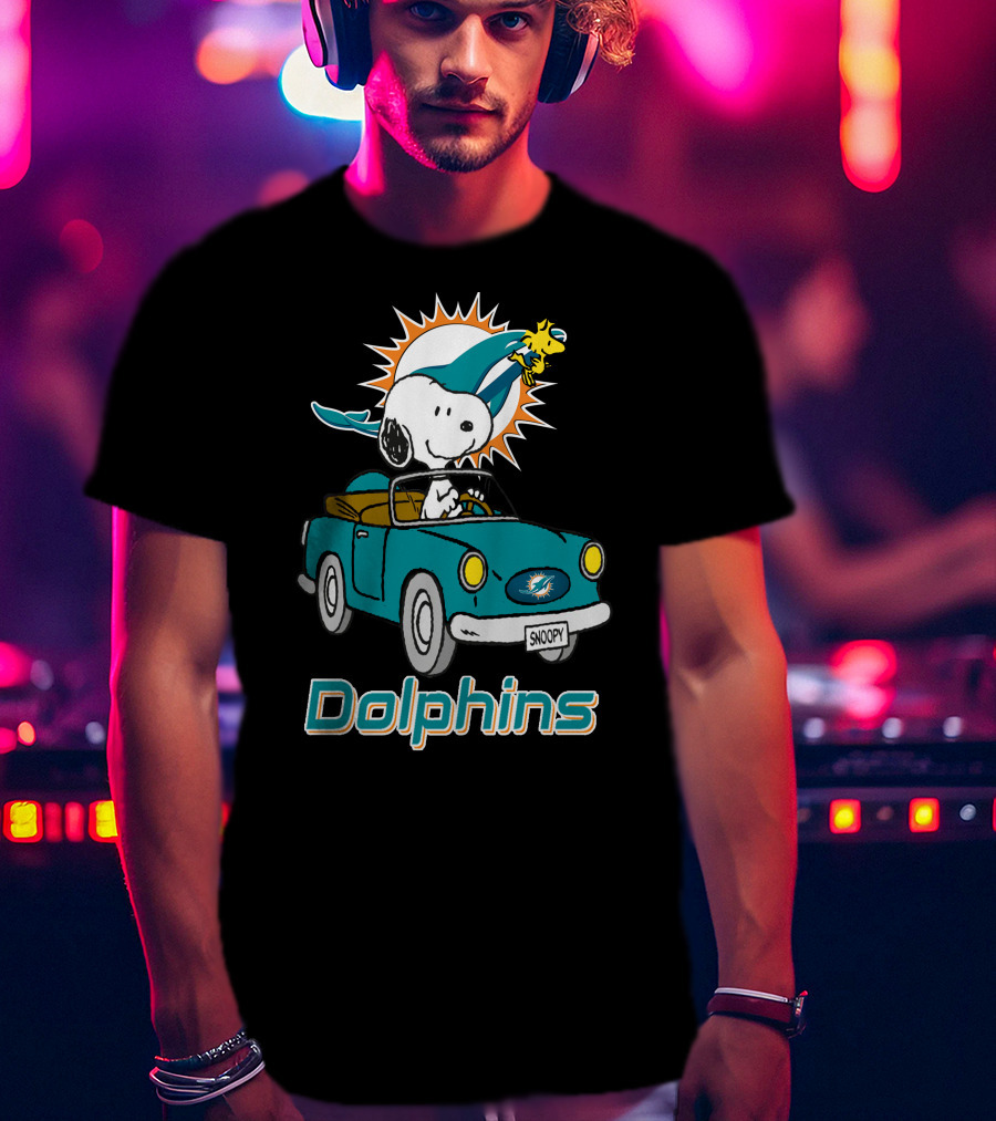 Miami Dolphins Snoopy Driving Car With Woodstock T-Shirt