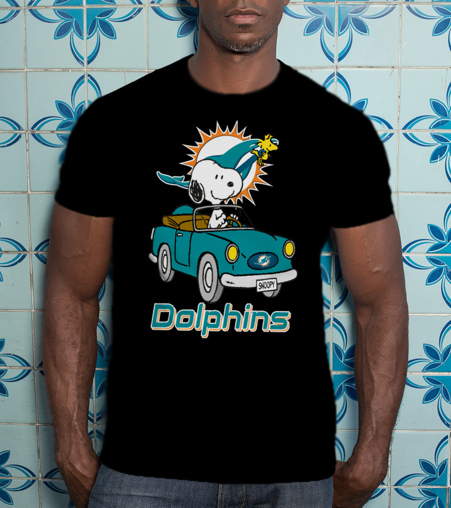 Miami Dolphins Snoopy Driving Car With Woodstock T-Shirt