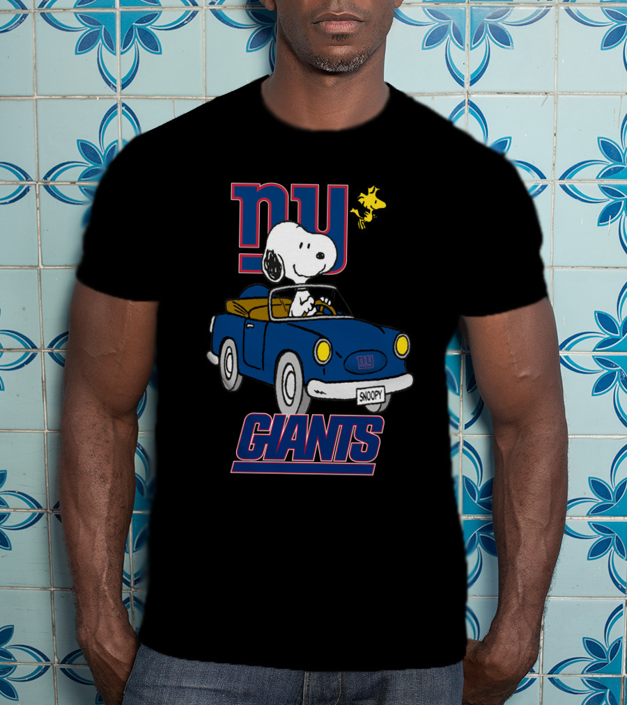 NY Giants Snoopy And Woodstock In Blue Car Ride T-Shirt