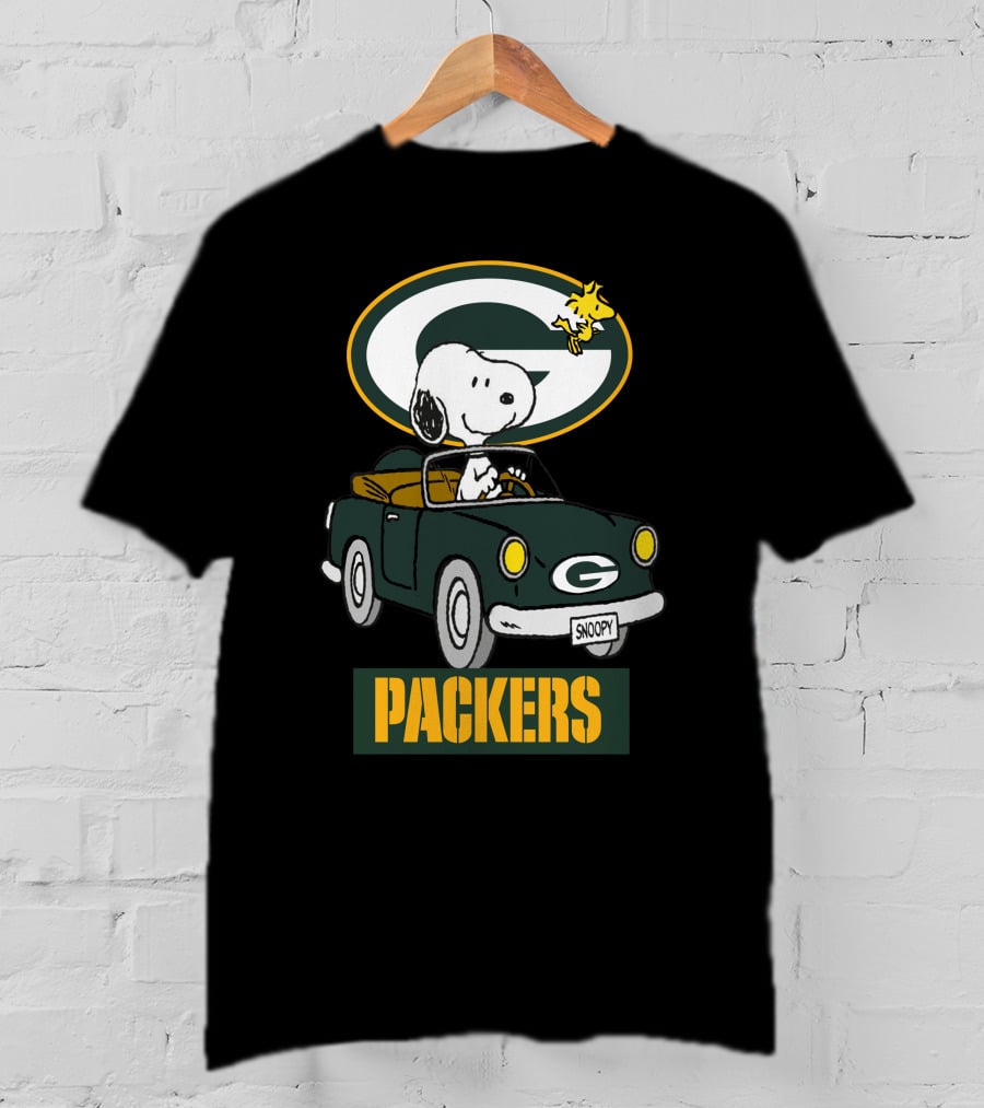 Packers Snoopy Driving Car With Woodstock And Packers T-Shirt