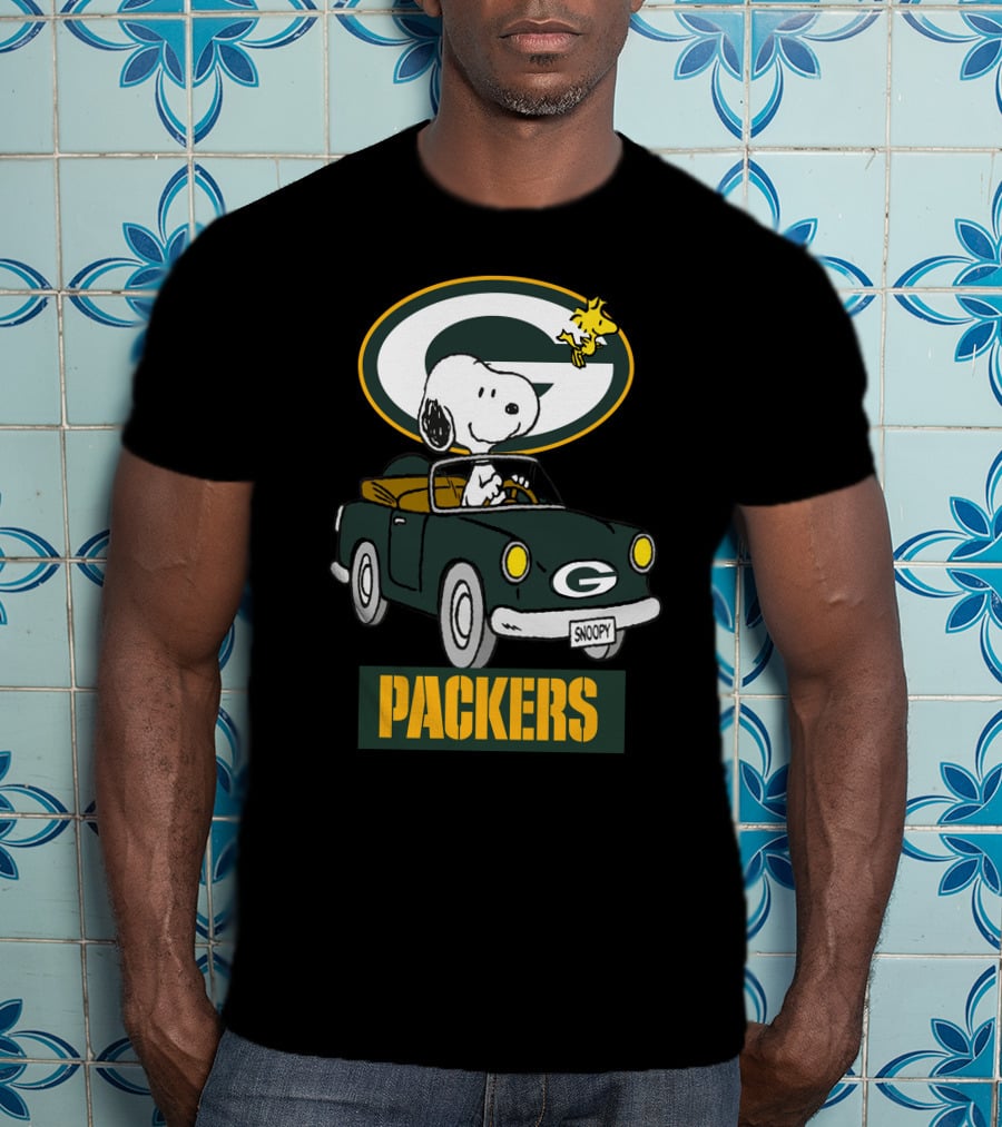 Packers Snoopy Driving Car With Woodstock And Packers T-Shirt