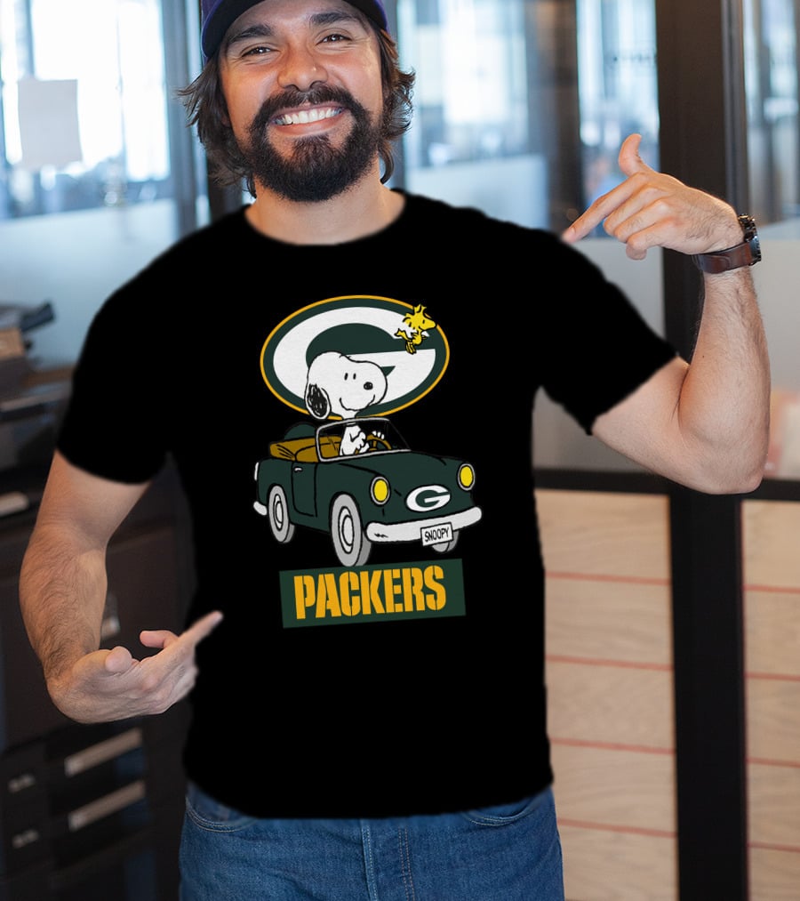Packers Snoopy Driving Car With Woodstock And Packers T-Shirt
