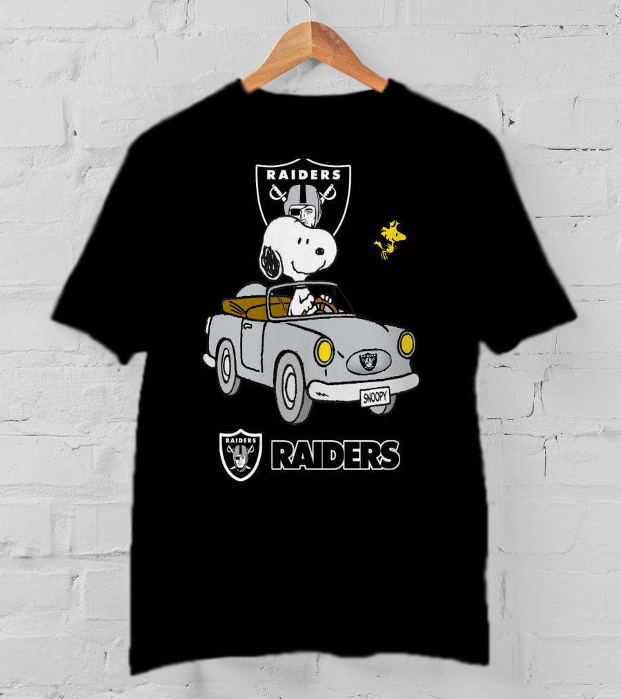 Raiders Snoopy Driving Cartoon With Woodstock And NFL T-Shirt