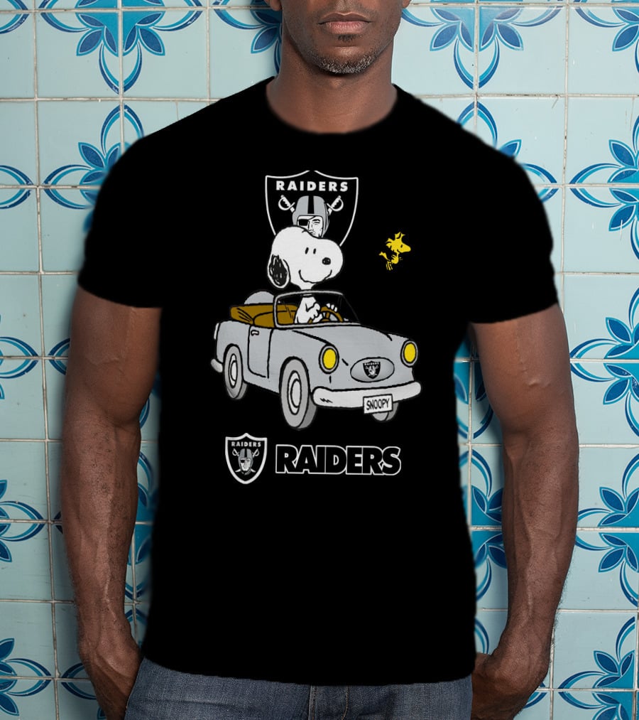 Raiders Snoopy Driving Cartoon With Woodstock And NFL T-Shirt