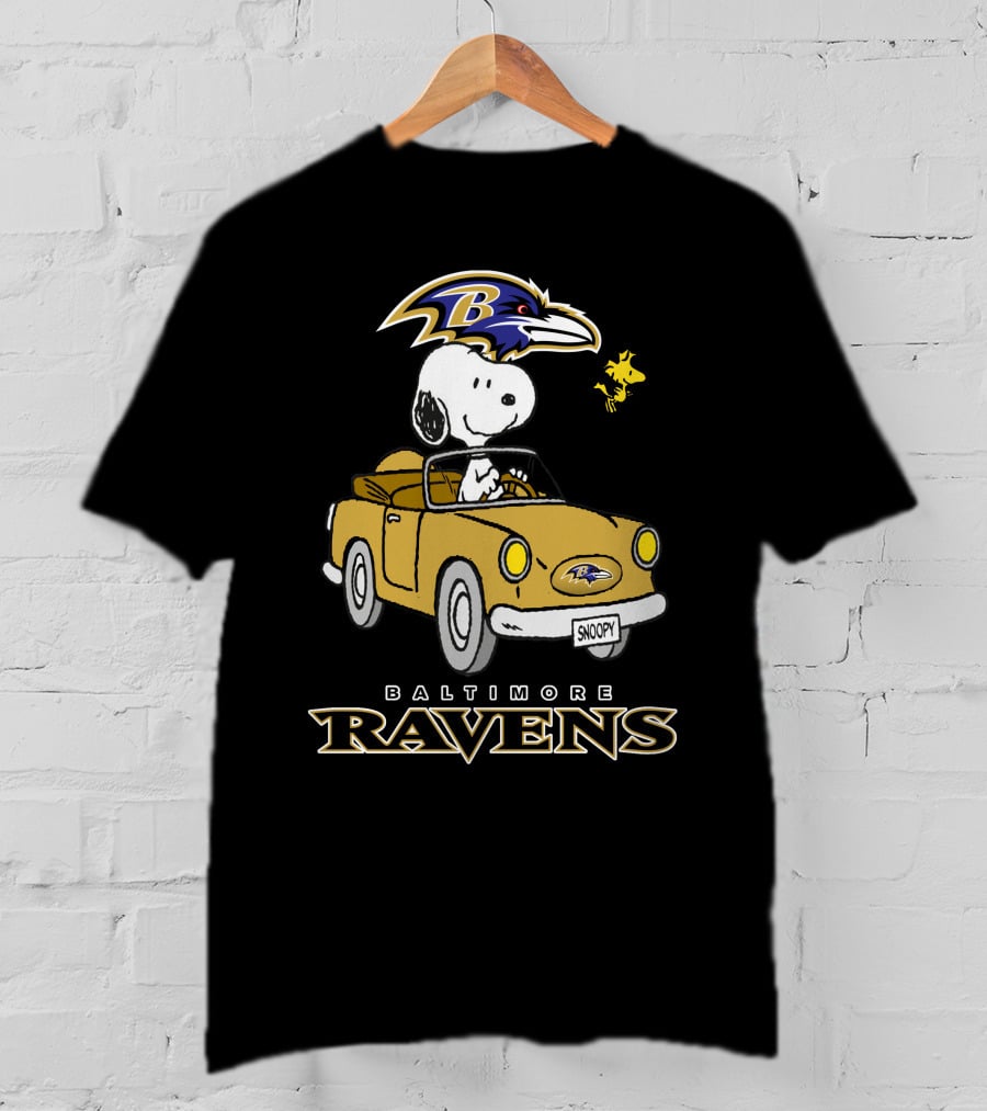 Baltimore Ravens Snoopy Driving Car With Woodstock T-Shirt