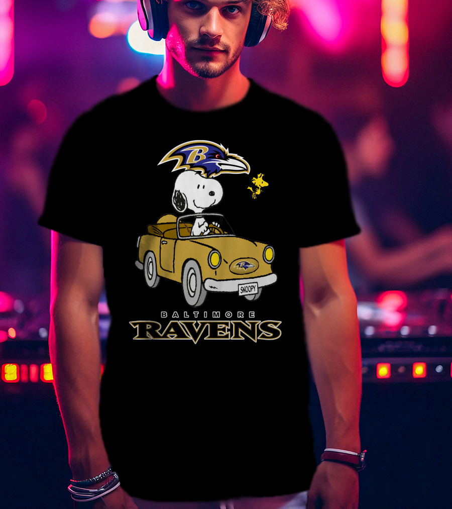 Baltimore Ravens Snoopy Driving Car With Woodstock T-Shirt