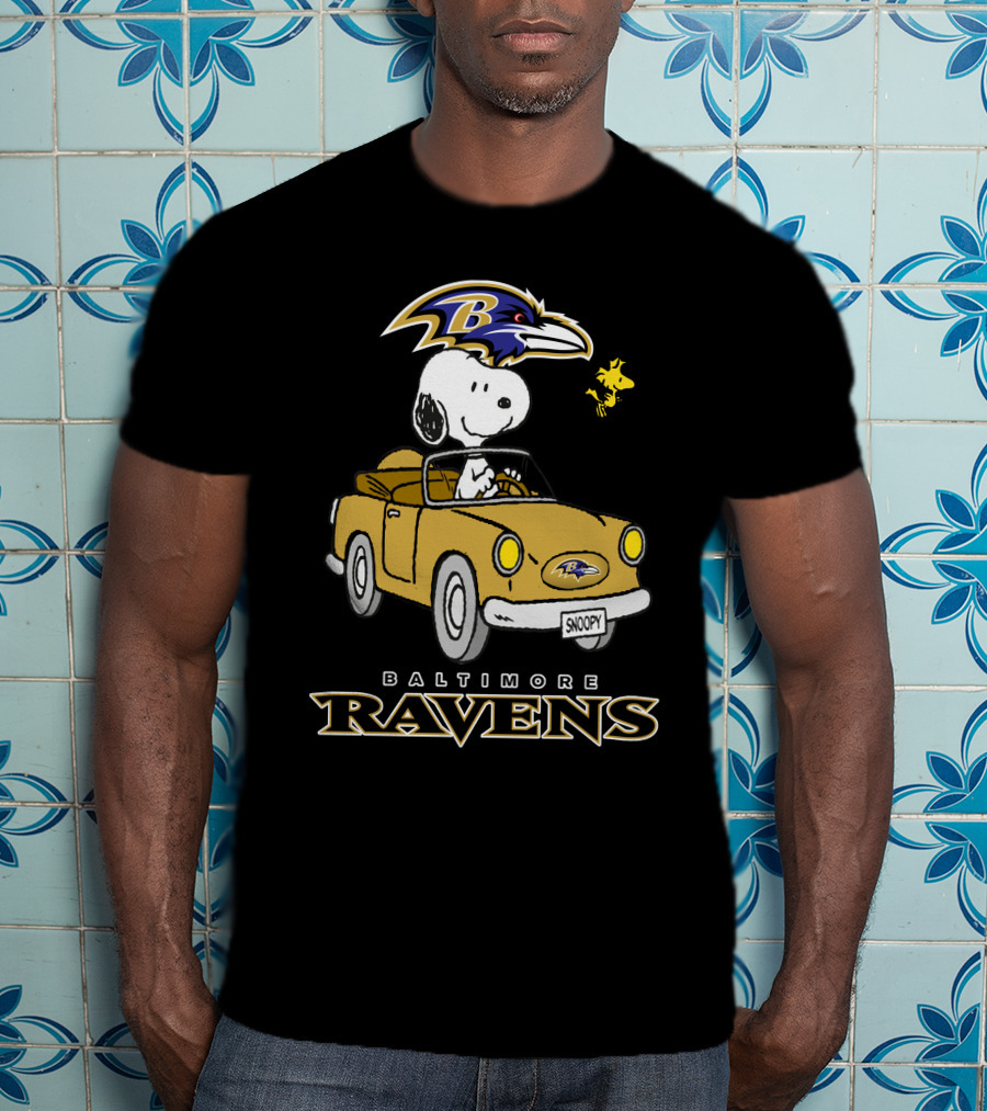 Baltimore Ravens Snoopy Driving Car With Woodstock T-Shirt