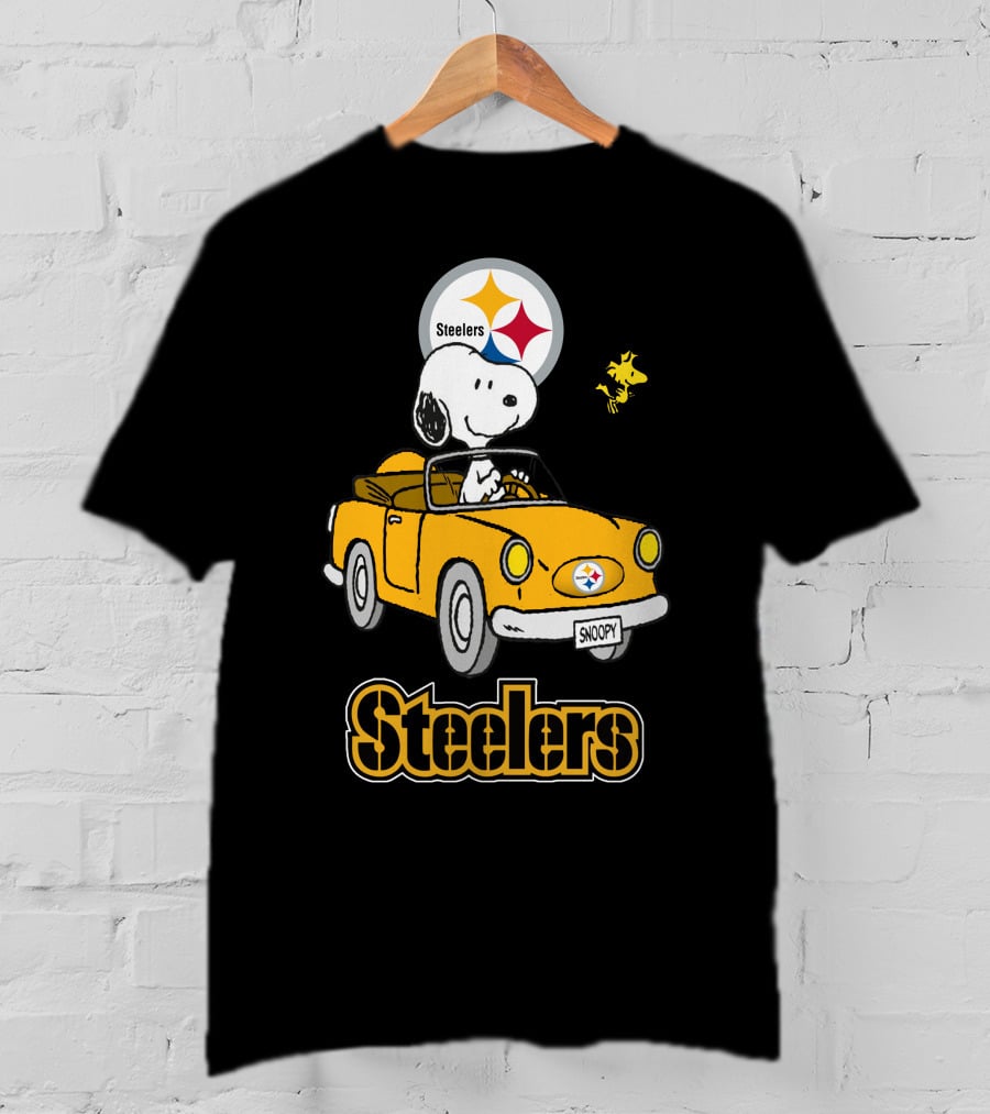 Steelers Snoopy Driving With Woodstock In Yellow Car T-Shirt