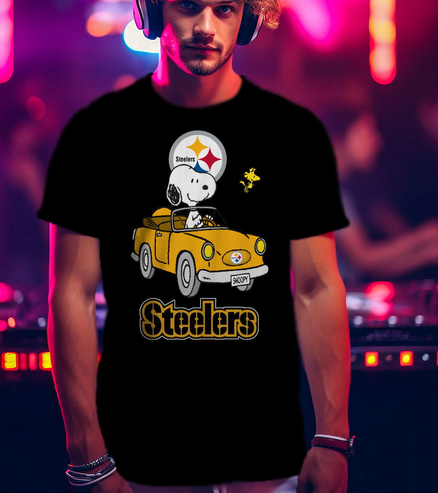 Steelers Snoopy Driving With Woodstock In Yellow Car T-Shirt