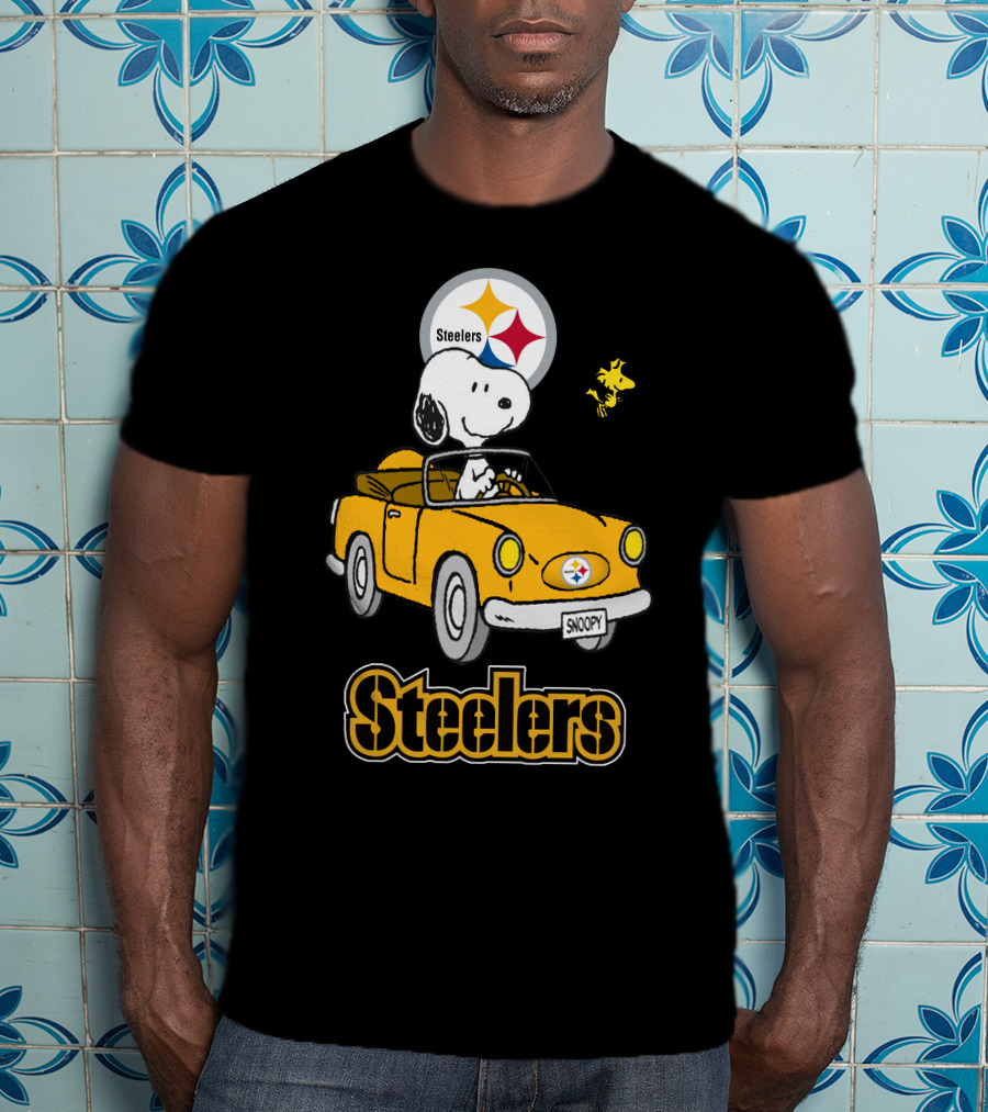 Steelers Snoopy Driving With Woodstock In Yellow Car T-Shirt