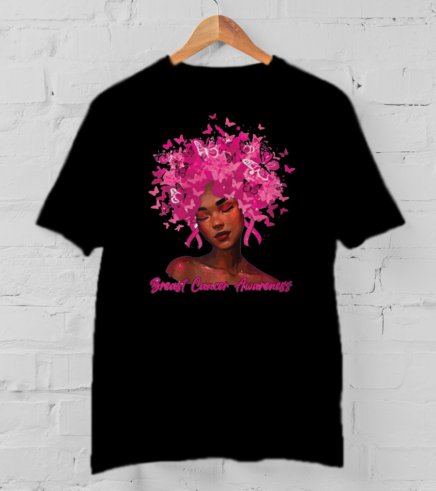 Black Queen Breast Cancer Awareness Month Butterflies Pink T-Shirt
