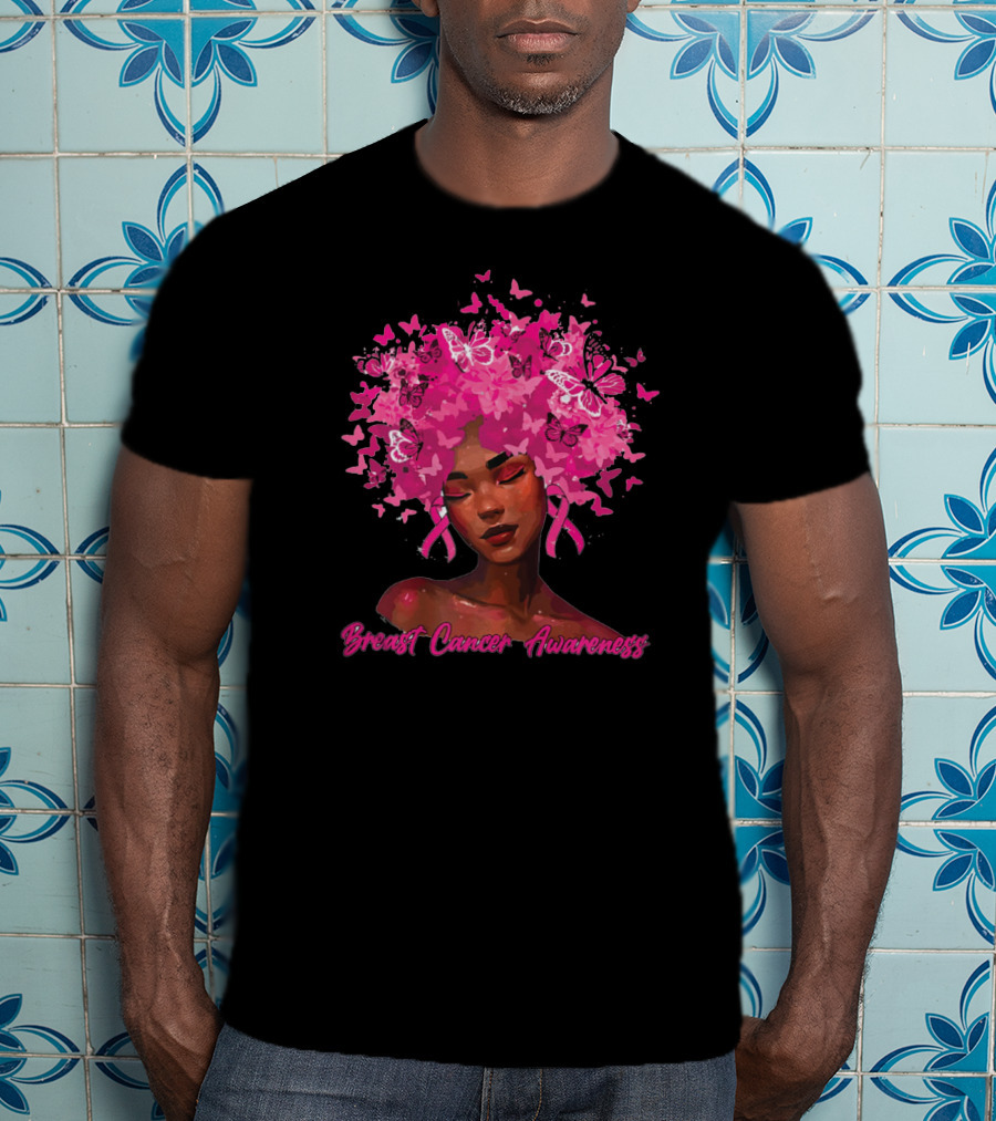 Black Queen Breast Cancer Awareness Month Butterflies Pink T-Shirt