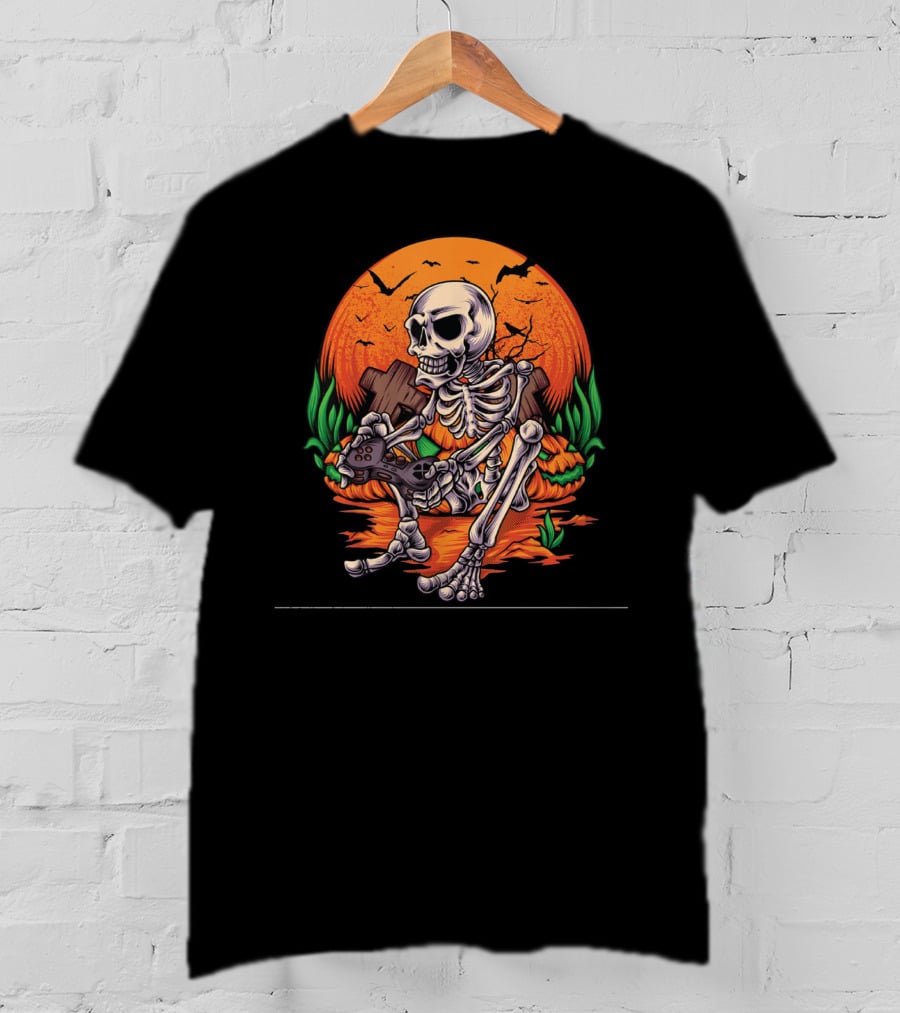 Skeleton Gamer Halloween Pumpkin Bat Gaming Controller Scene T-Shirt