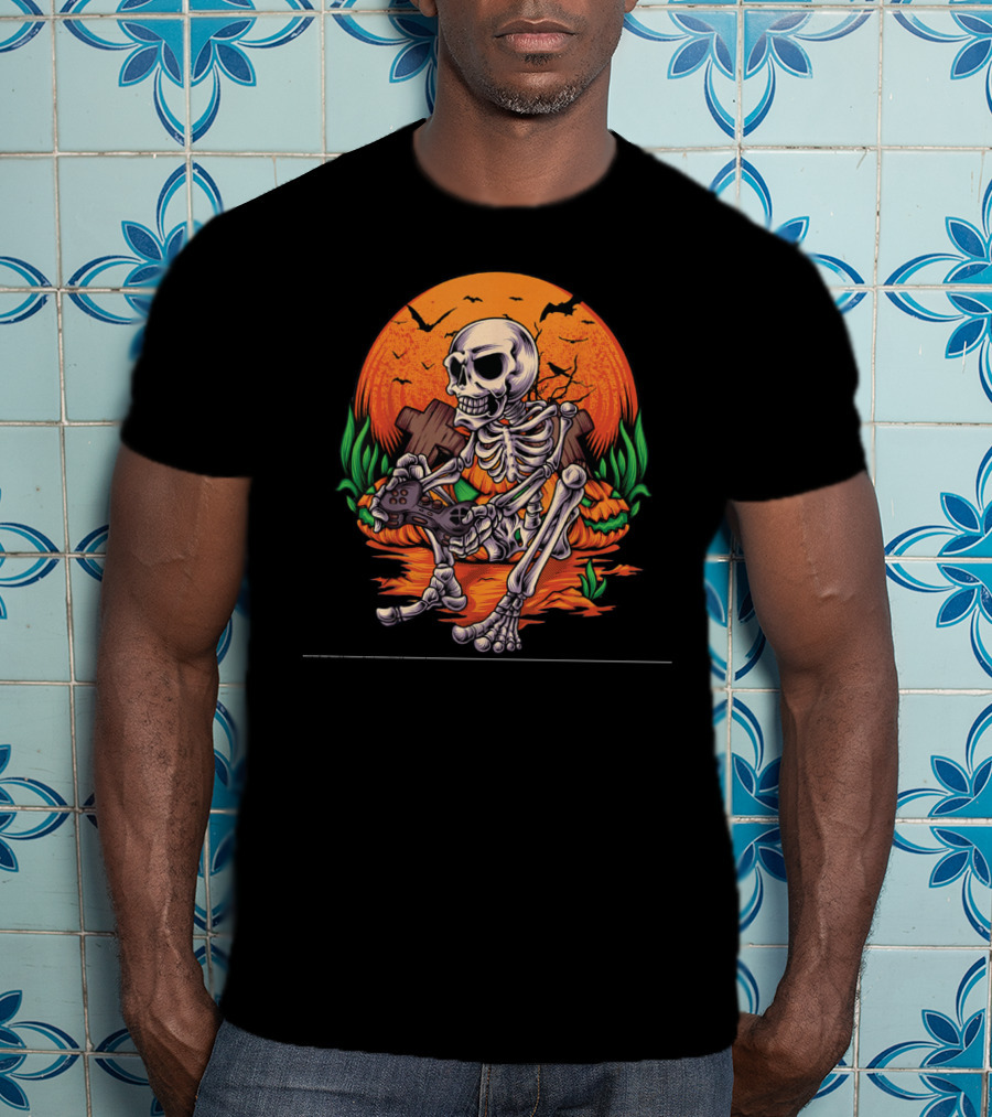 Skeleton Gamer Halloween Pumpkin Bat Gaming Controller Scene T-Shirt