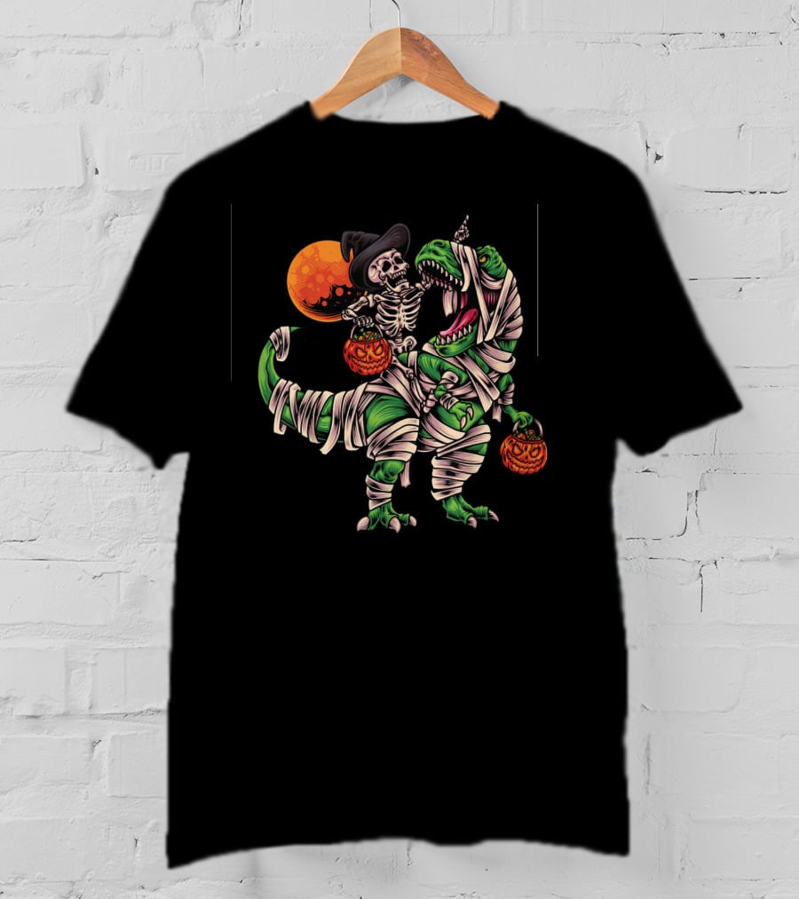 Skeleton Witch Riding Mummified Dinosaur With Pumpkin Lanterns And Full Moon T-Shirt
