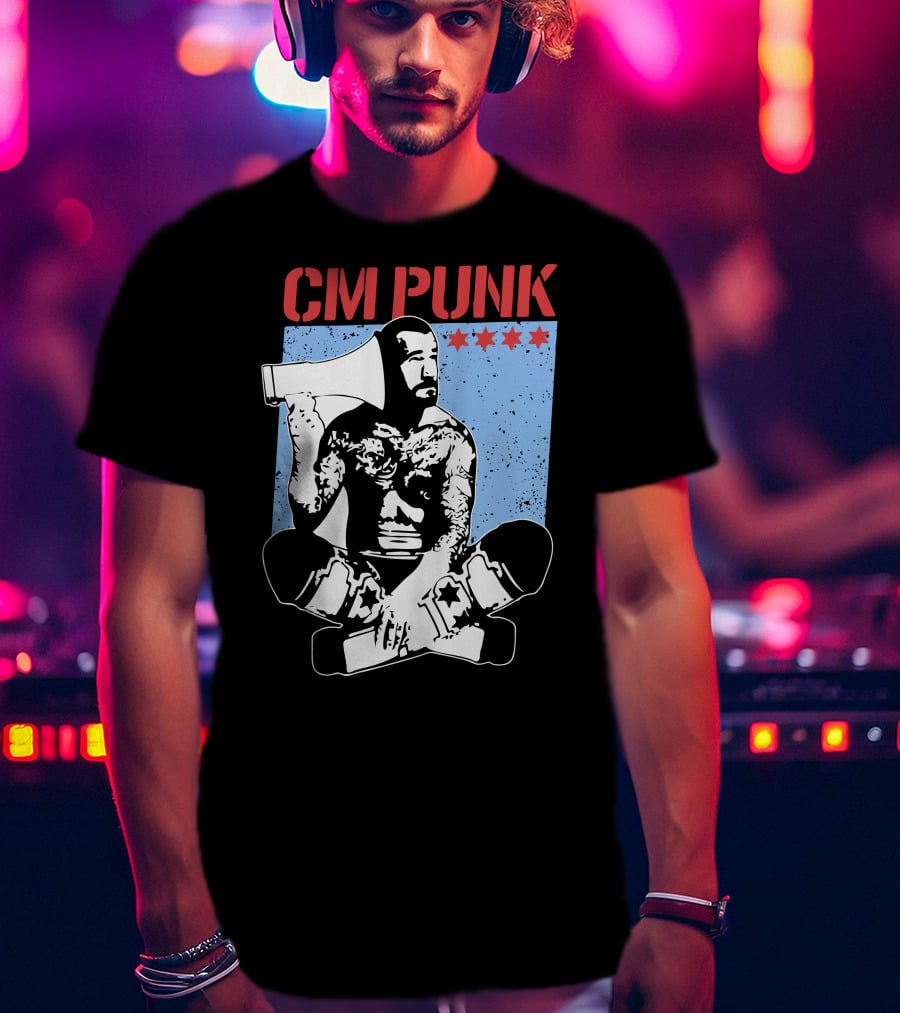 CM Punk AEW All Elite Wrestling Megaphone Graphic With Red Stars T-Shirt