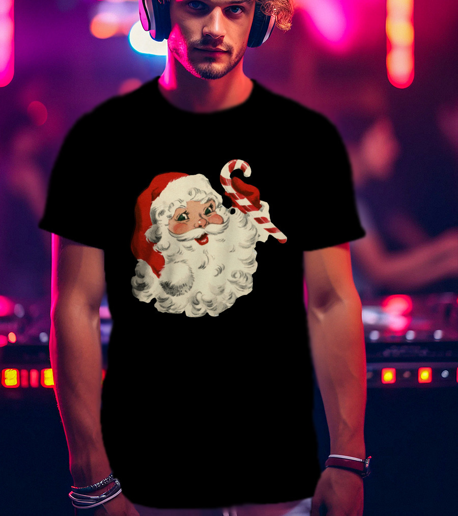 Retro Santa Claus Candy Cane Vintage Christmas T-Shirt