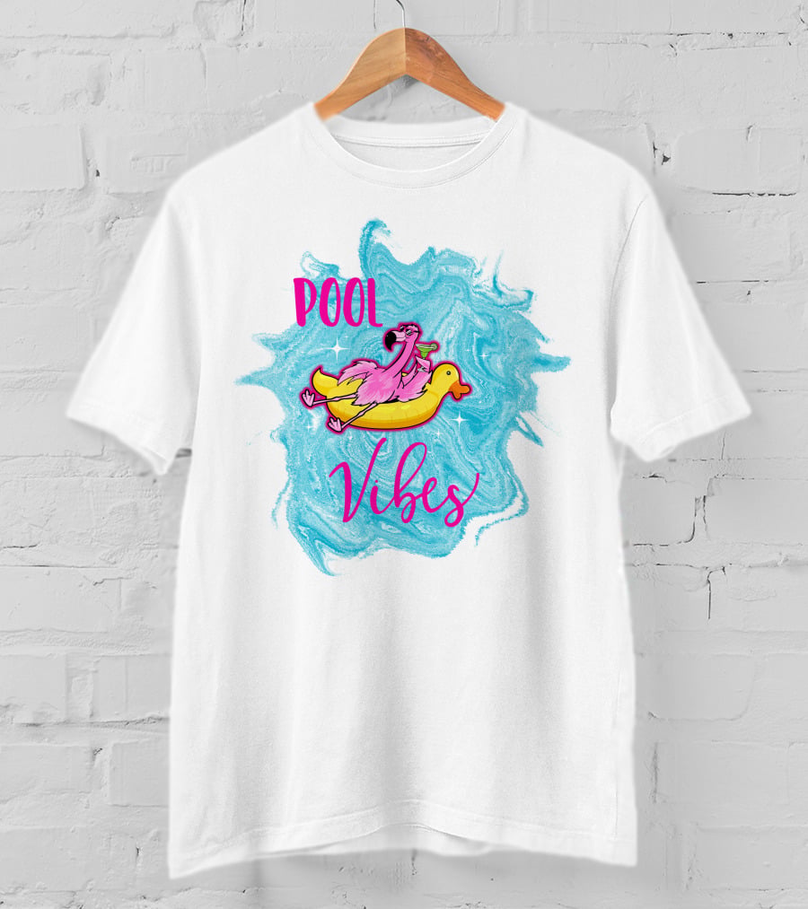 Pool Vibes Flamingo On Inflatable Duck With Blue Swirl Background T-Shirt