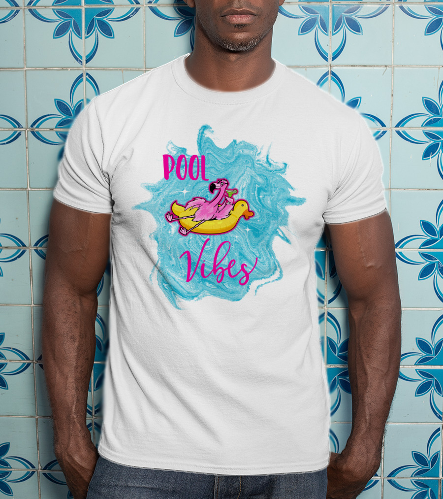 Pool Vibes Flamingo On Inflatable Duck With Blue Swirl Background T-Shirt