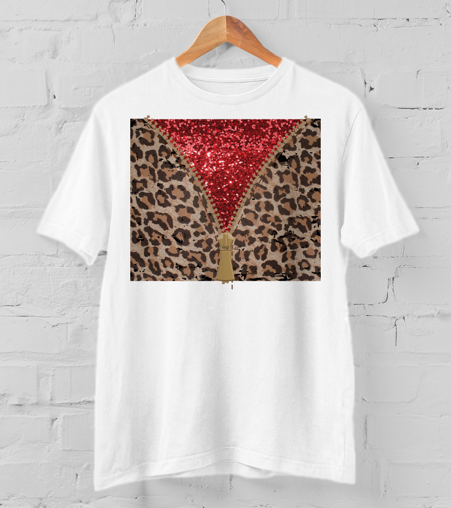 Red Faux Glitter Leopard Zipper Tumbler T-Shirt