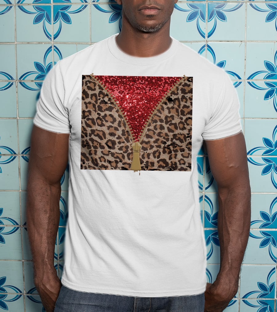 Red Faux Glitter Leopard Zipper Tumbler T-Shirt