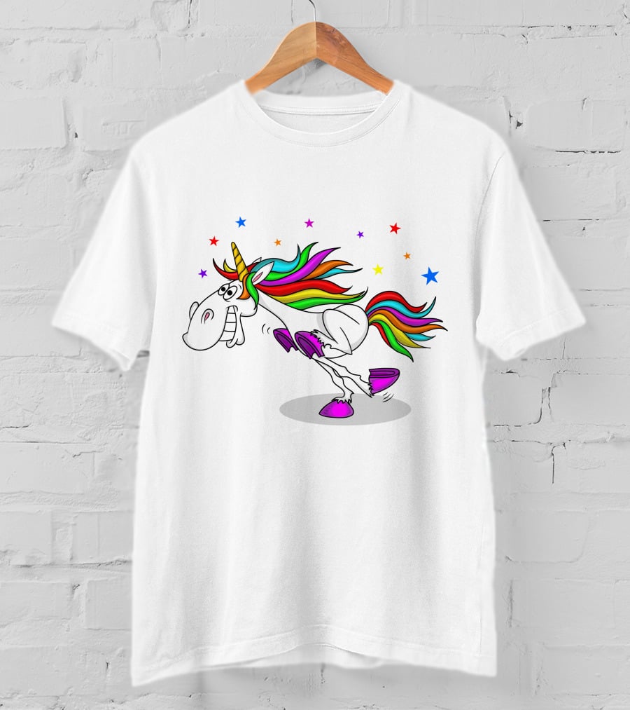 Awesome Unicorn Twinkles Rainbow Kicking Fun Stars Vibrant Mane T-Shirt