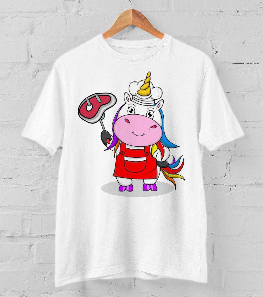 Barbecue Unicorn Chef With Rainbow Mane And Grilled Steak T-Shirt