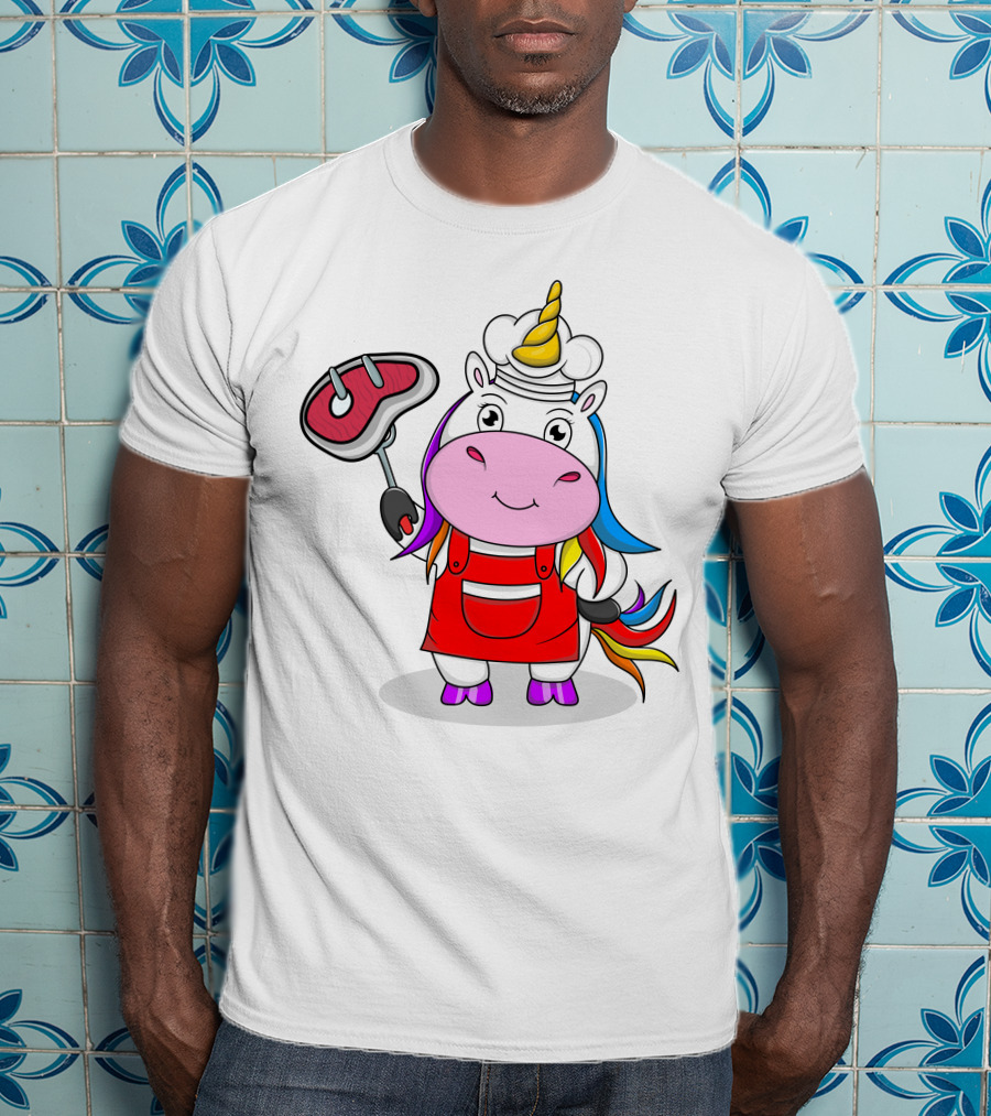 Barbecue Unicorn Chef With Rainbow Mane And Grilled Steak T-Shirt