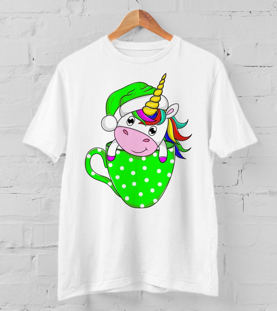 Funny Christmas Unicorn In Santa Hat With Green Polka Dot Cup T-Shirt