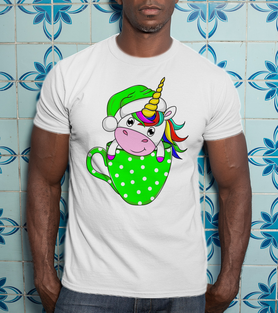Funny Christmas Unicorn In Santa Hat With Green Polka Dot Cup T-Shirt