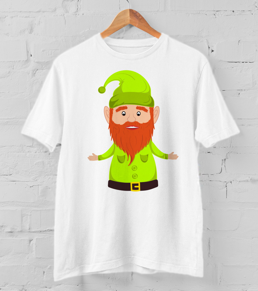 Gnome ELF Christmas Bright Green Hat Brown Belt Red Beard T-Shirt
