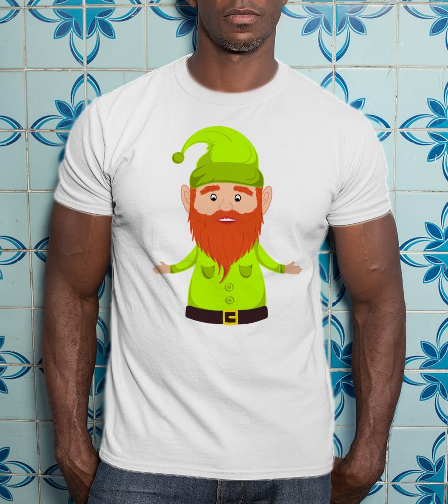 Gnome ELF Christmas Bright Green Hat Brown Belt Red Beard T-Shirt