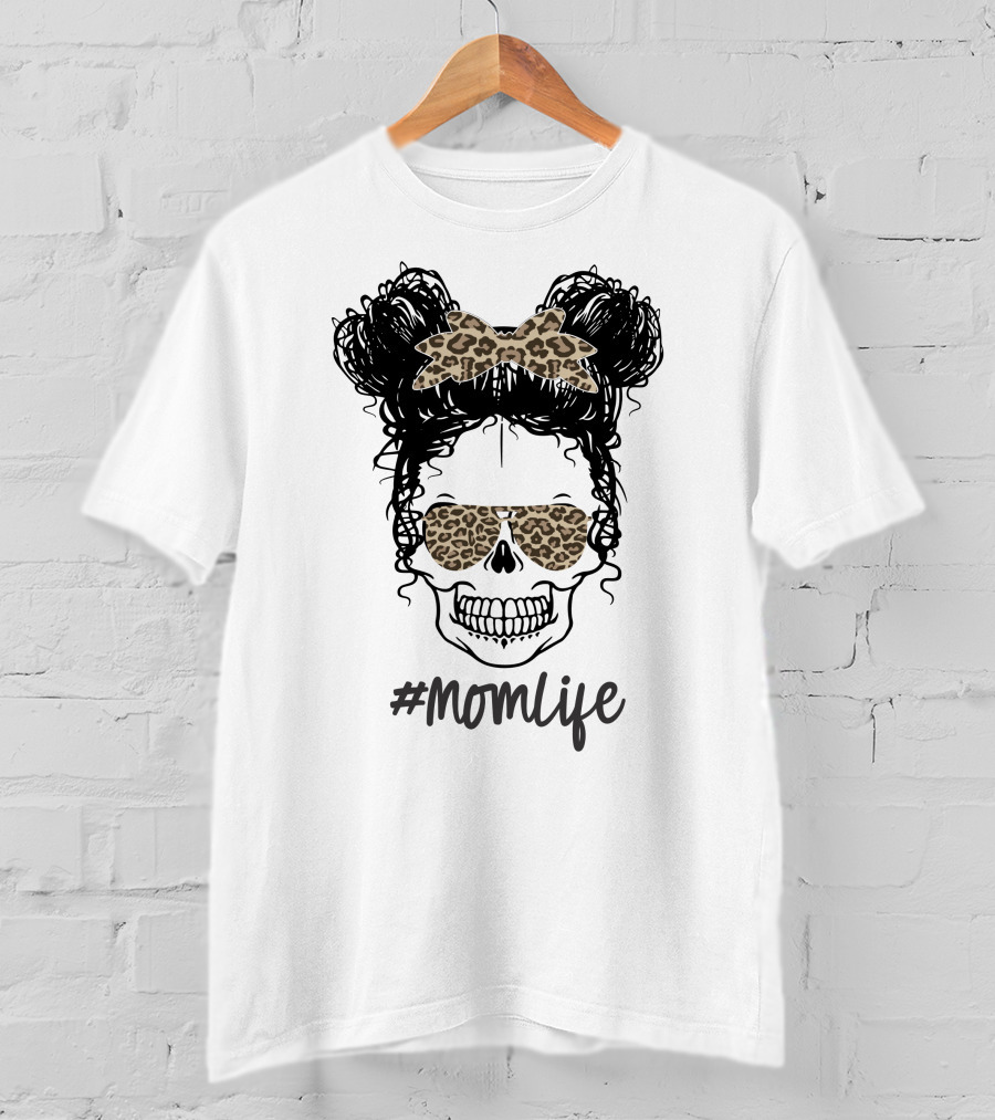 MomLife Messy Bun Skull Leopard Bow Sunglasses T-Shirt