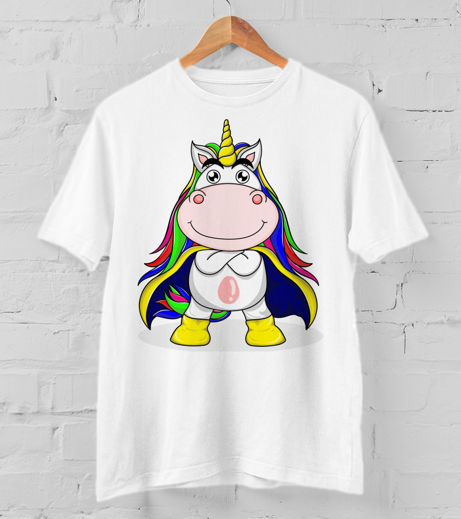 Superhero Unicorn With Rainbow Cape And Yellow Boots T-Shirt