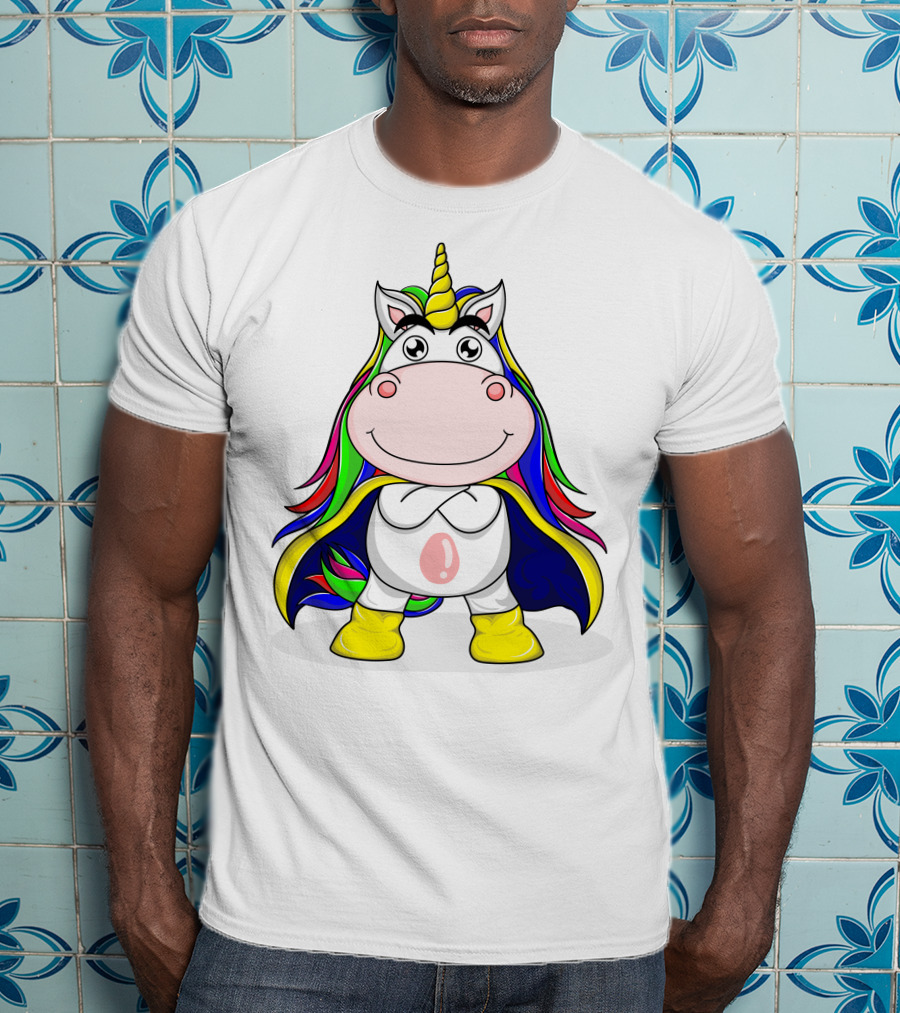 Superhero Unicorn With Rainbow Cape And Yellow Boots T-Shirt