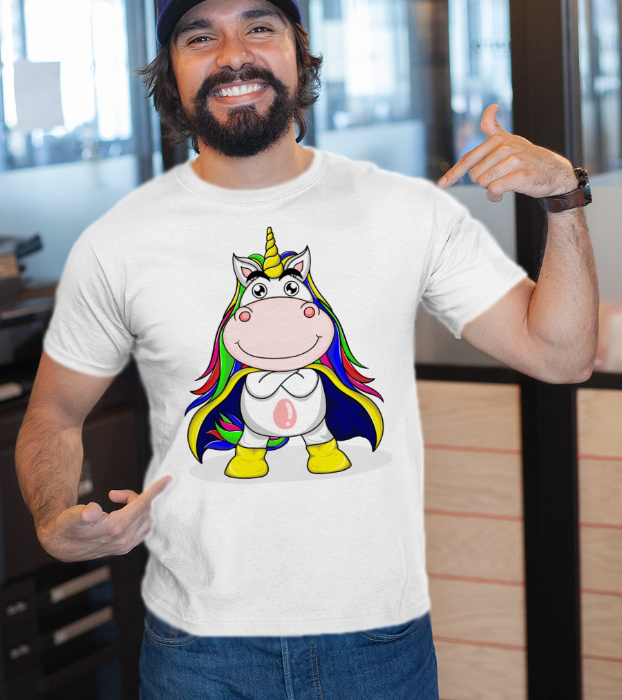 Superhero Unicorn With Rainbow Cape And Yellow Boots T-Shirt