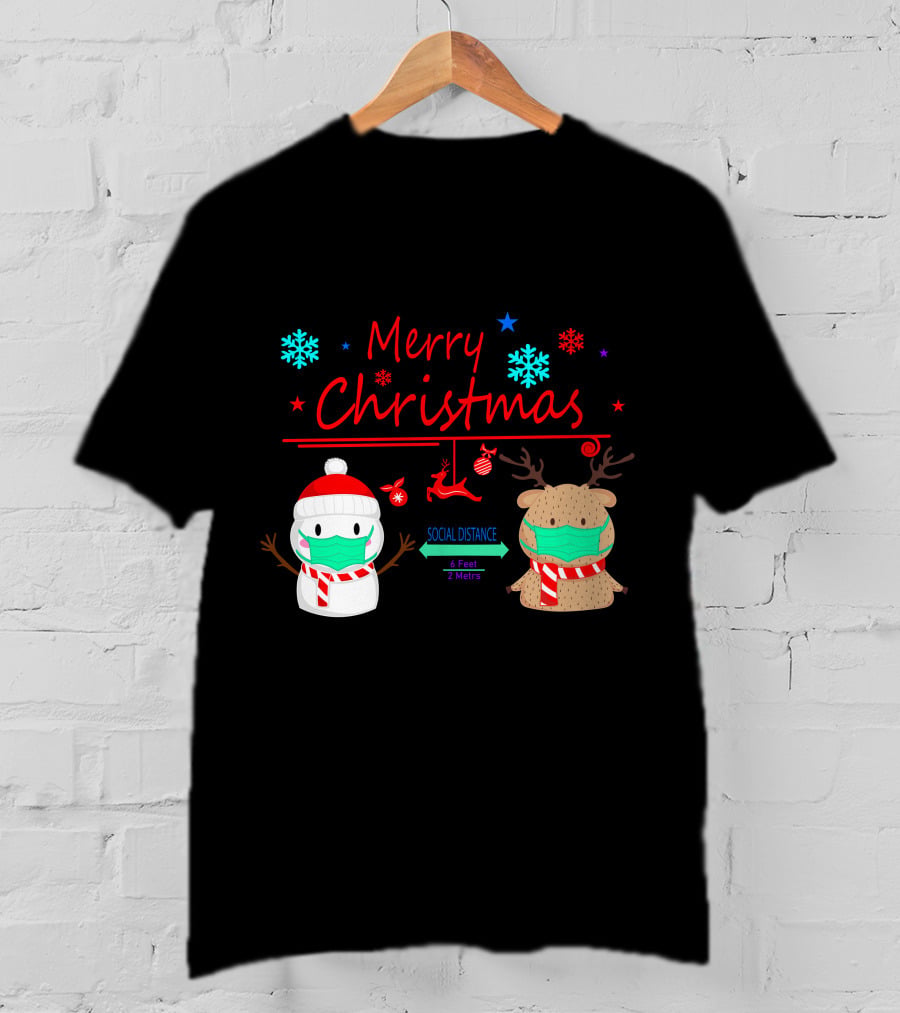 Merry Christmas Social Distance Snowman And Reindeer With Masks T-Shirt