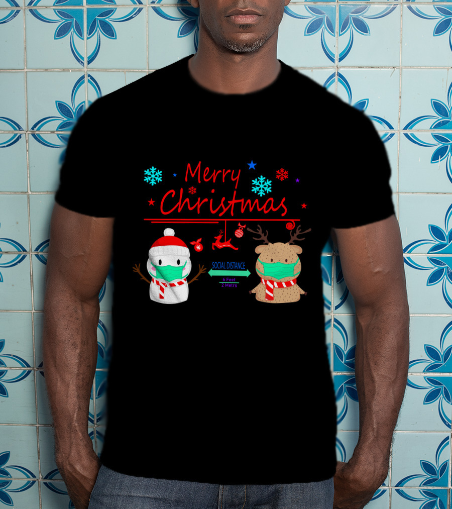 Merry Christmas Social Distance Snowman And Reindeer With Masks T-Shirt