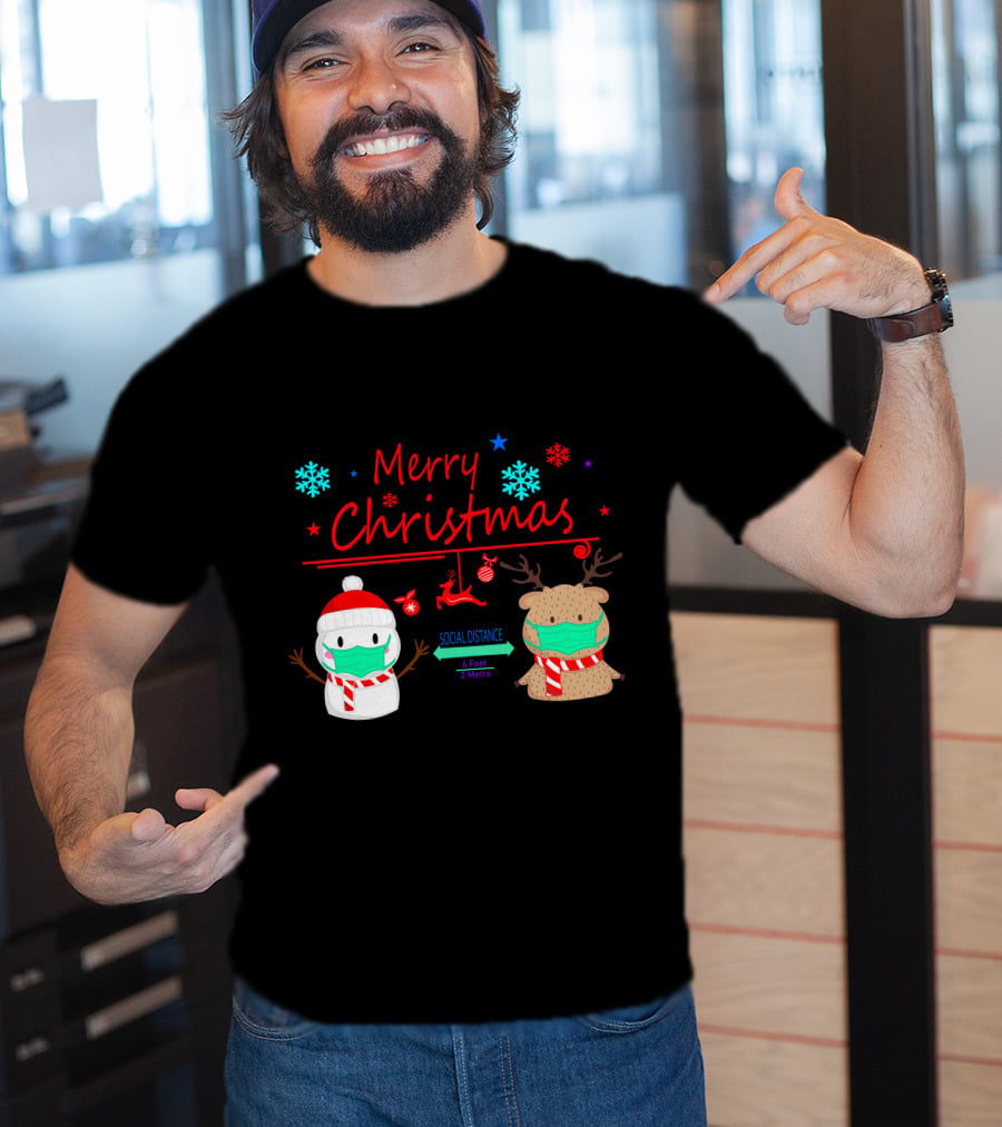 Merry Christmas Social Distance Snowman And Reindeer With Masks T-Shirt