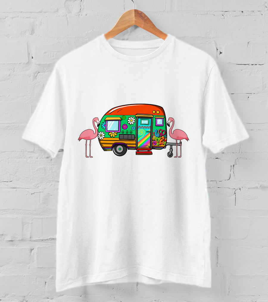 Flamingo Camping Retro Floral Caravan T-Shirt